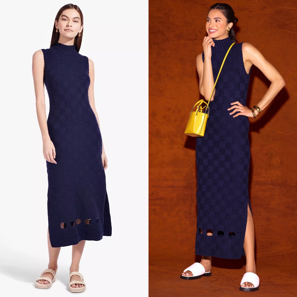 Staud Navy Checkerboard Basket Knit Mockneck Sleeveless Midi Sweater Dress S